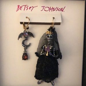 Betsey Johnson Dark Magic Skeleton Bride & Bat Moon Mismatched Drop Earrings NIB